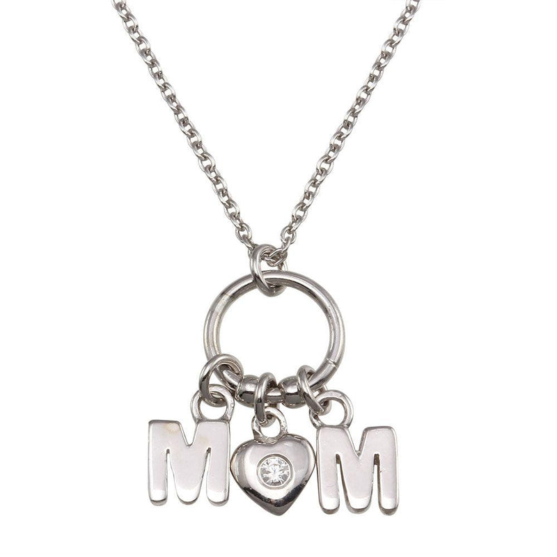Rhodium Plated 925 Sterling Silver Mom Heart CZ Pendant Necklace - SOP00161 | Silver Palace Inc.