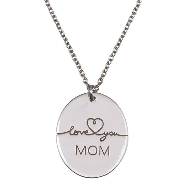 Rhodium Plated 925 Sterling Silver Love You Mom Oval Disc Pendant Necklace - SOP00162 | Silver Palace Inc.