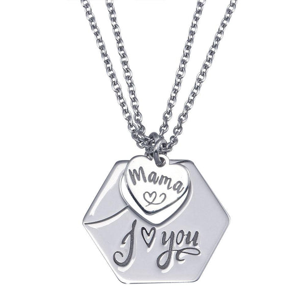 Rhodium Plated 925 Sterling Silver Mama I Love You Hexagonal Pendant Necklace - SOP00164 | Silver Palace Inc.