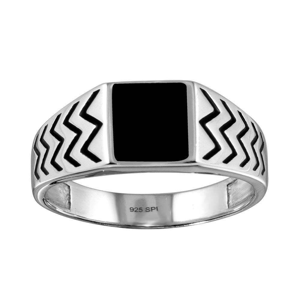 Silver 925 Rhodium Plated Black Enamel Zig Zag Design Shank Ring - SOR00004 | Silver Palace Inc.