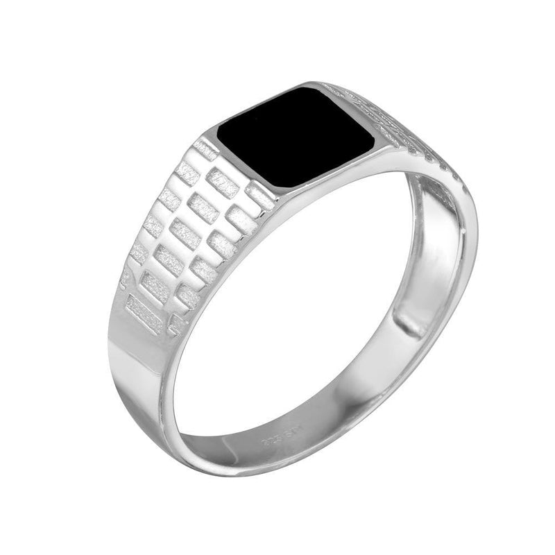 Rhodium Plated 925 Sterling Silver Black Enamel Jubilee Design Shank Ring - SOR00005