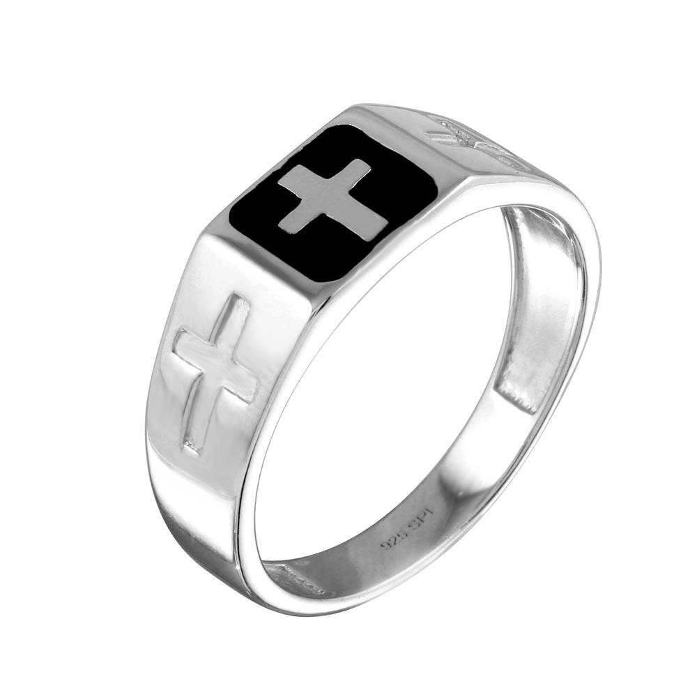 Anillo de cruz de plata de ley 925 rodiada con esmalte negro - SOR00006