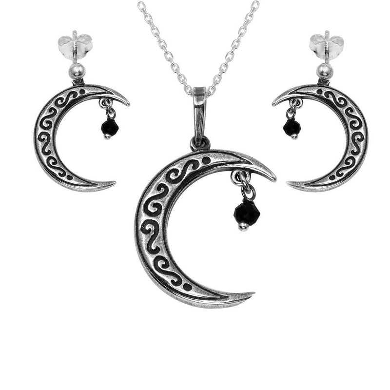 Silver 925 Oxidized Designed Crescent With Hanging Black CZ Set - SOS00001 | Silver Palace Inc.