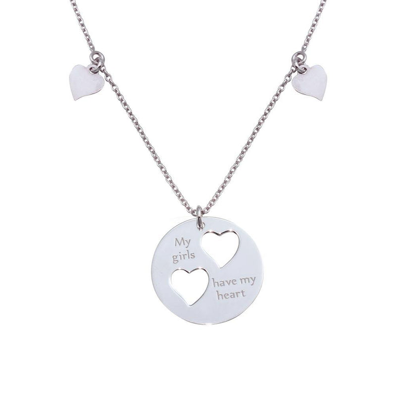 Silver 925 Rhodium Plated Flat Round Engraved "My girls have my heart" Pendant Necklace with Cut-out Hearts - SOS00011 | Silver Palace Inc.