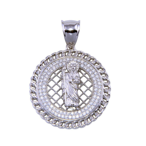 Rhodium Plated 925 Sterling Silver CZ Encrusted St. Benedict Disc Pendant - SLP00284 | Silver Palace Inc.