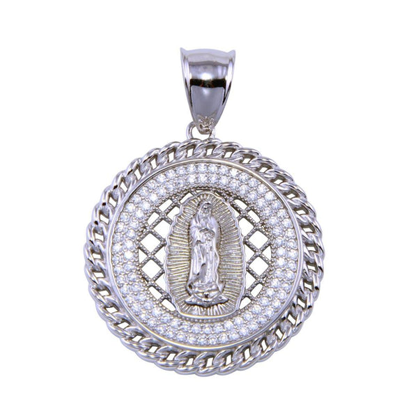 Rhodium Plated 925 Sterling Silver CZ Disc Lady of Guadalupe Pendant - SLP00285 | Silver Palace Inc.