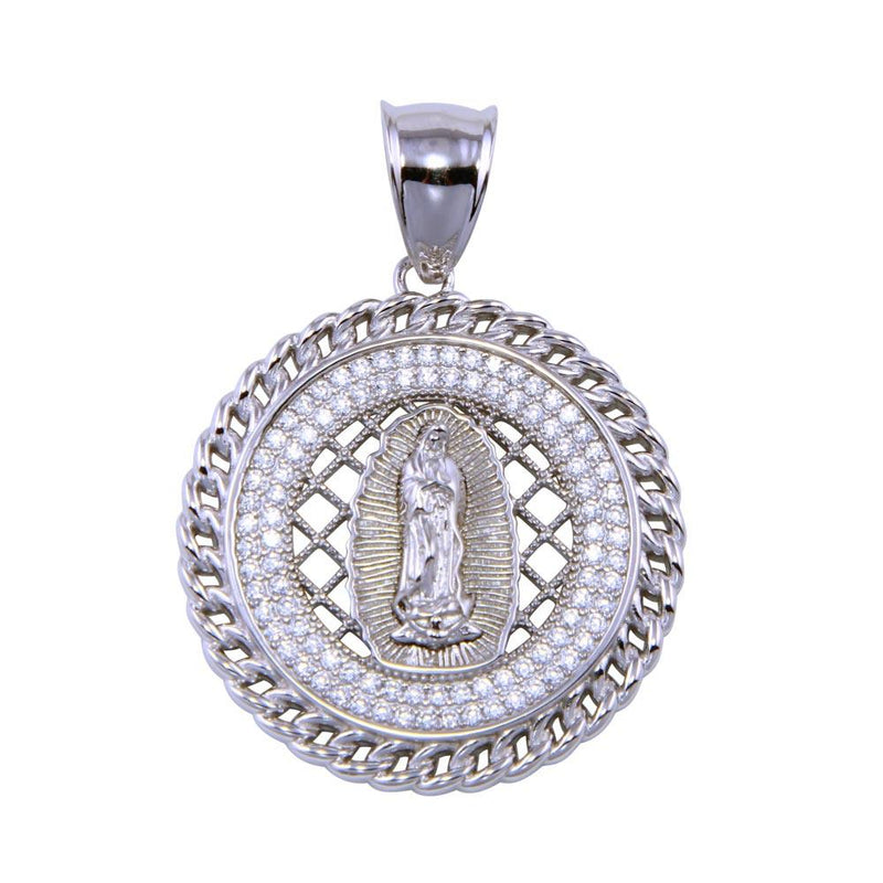 Rhodium Plated 925 Sterling Silver CZ Disc Lady of Guadalupe Pendant - SLP00285 | Silver Palace Inc.