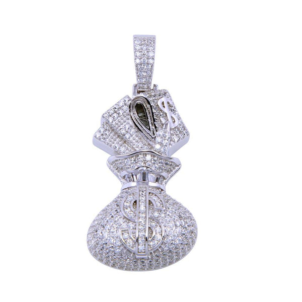Rhodium Plated 925 Sterling Silver CZ Bag of Cash Pendant - SLP00294 | Silver Palace Inc.
