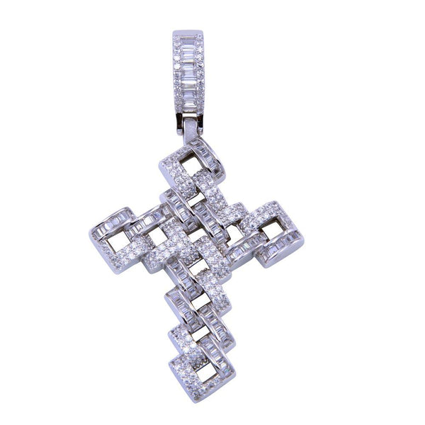Rhodium Plated 925 Sterling Silver CZ Link Cross Pendant - SLP00308 | Silver Palace Inc.