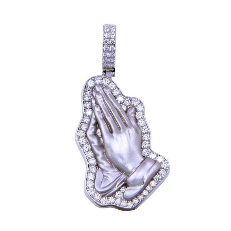 Rhodium Plated 925 Sterling Silver CZ Prayer Hand Pendant - SLP00331 | Silver Palace Inc.
