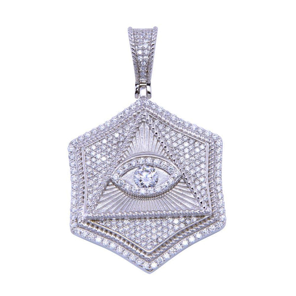 Rhodium Plated 925 Sterling Silver CZ Triangle Eye Pendant - SLP00332 | Silver Palace Inc.