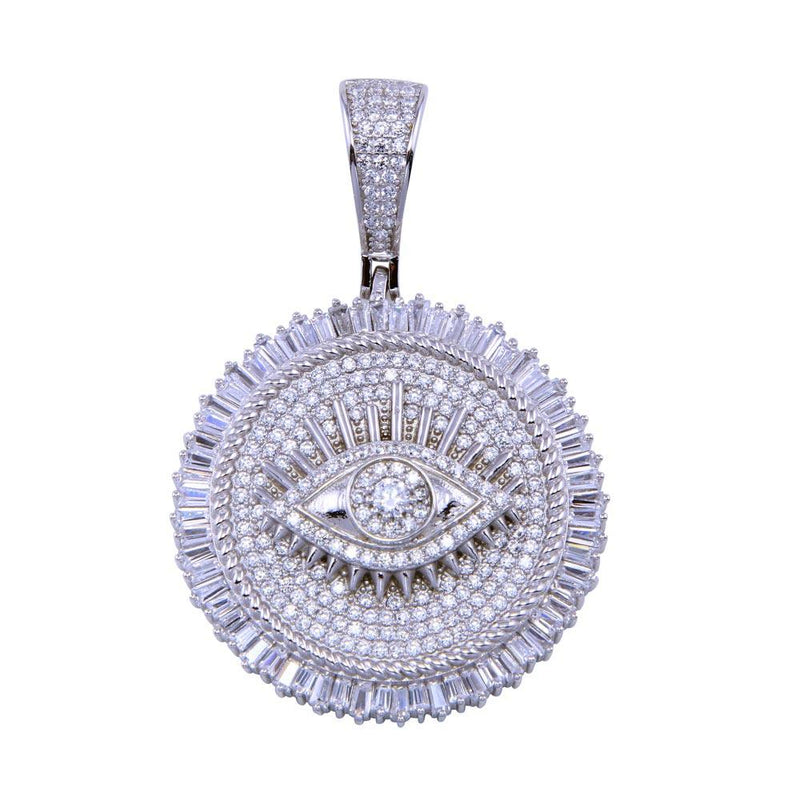 Rhodium Plated 925 Sterling Silver CZ Encrusted Eye Disc Pendant - SLP00335 | Silver Palace Inc.