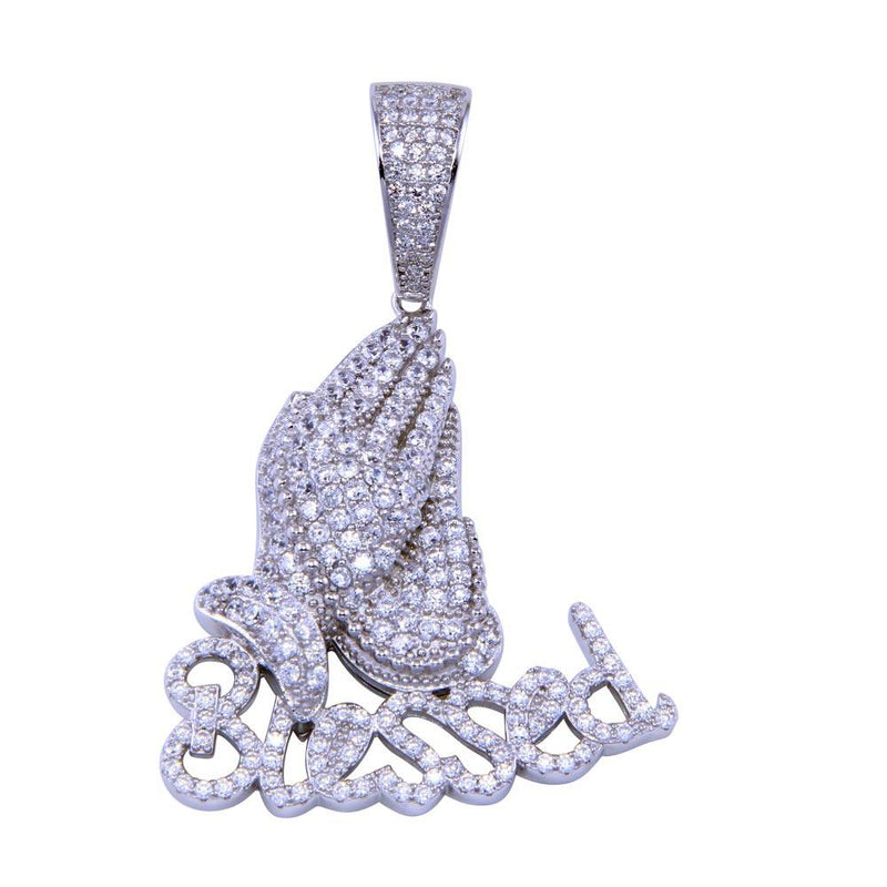 Rhodium Plated 925 Sterling Silver CZ Blessed Prayer Hand Pendant - SLP00338 | Silver Palace Inc.