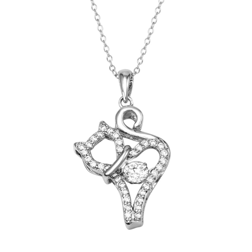 Silver 925 Rhodium Plated Cat Necklace with Dancing CZ - STP01687 | Silver Palace Inc.