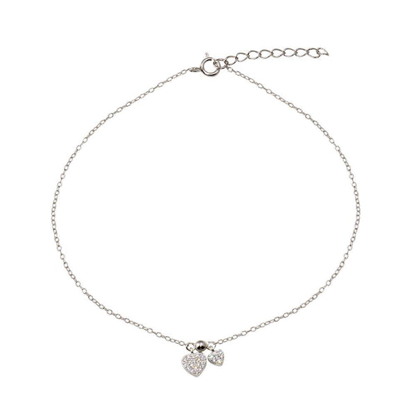 Rhodium Plated 925 Sterling Silver 2 Dangling Hearts Clear CZ Anklet - STA00001 | Silver Palace Inc.