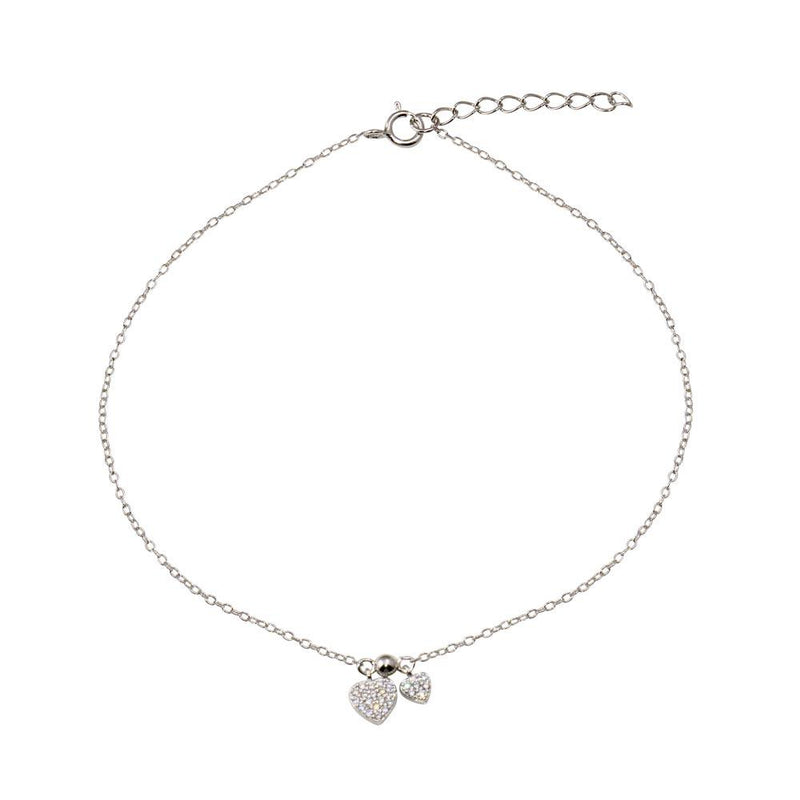 Rhodium Plated 925 Sterling Silver 2 Dangling Hearts Clear CZ Anklet - STA00001 | Silver Palace Inc.