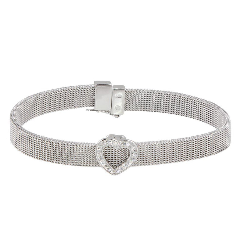 Silver 925 Rhodium Plated Heart Clear CZ Mesh Bracelet - STB00003 | Silver Palace Inc.