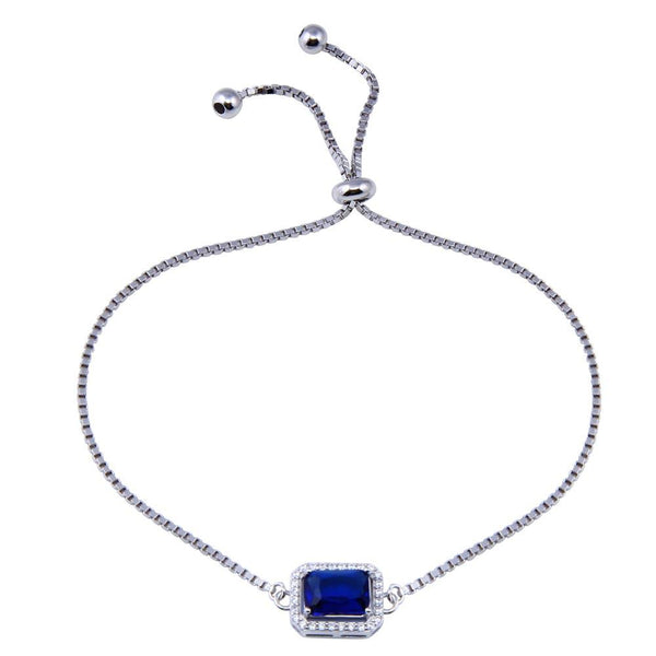 Rhodium Plated 925 Sterling Silver Round Blue and Clear CZ Rectangle Adjustable Bracelet - STB00615-BLUE | Silver Palace Inc.