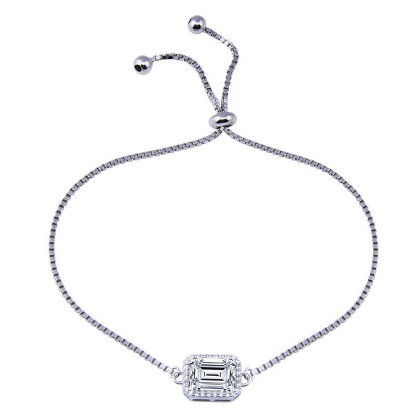 Rhodium Plated 925 Sterling Silver Round Clear CZ Rectangle Adjustable Bracelet - STB00615-CZ | Silver Palace Inc.