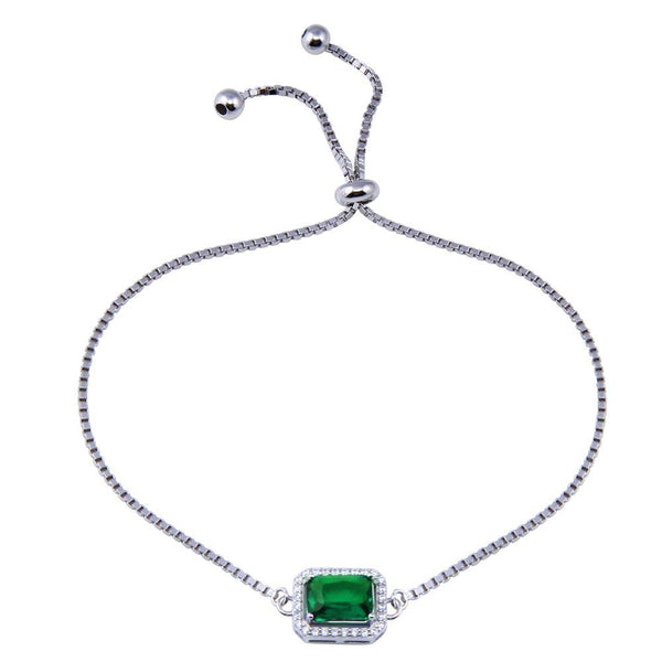 Rhodium Plated 925 Sterling Silver Round Green and Clear CZ Rectangle Adjustable Bracelets - STB00615-GREEN | Silver Palace Inc.