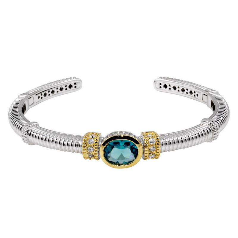 Silver 925 Rhodium Plated Open Cuff Bangle with Turquoise CZ - STB00180 | Silver Palace Inc.