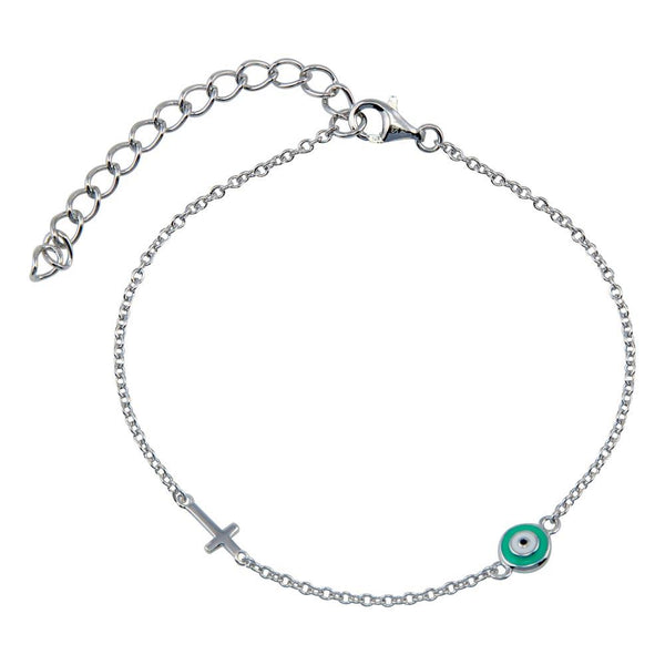 Rhodium Plated 925 Sterling Silver Enamel Evil Eye with Cross Bracelet - STB00385 | Silver Palace Inc.