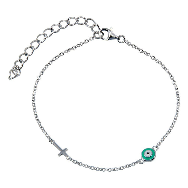 Rhodium Plated 925 Sterling Silver Enamel Evil Eye with Cross Bracelet - STB00385 | Silver Palace Inc.