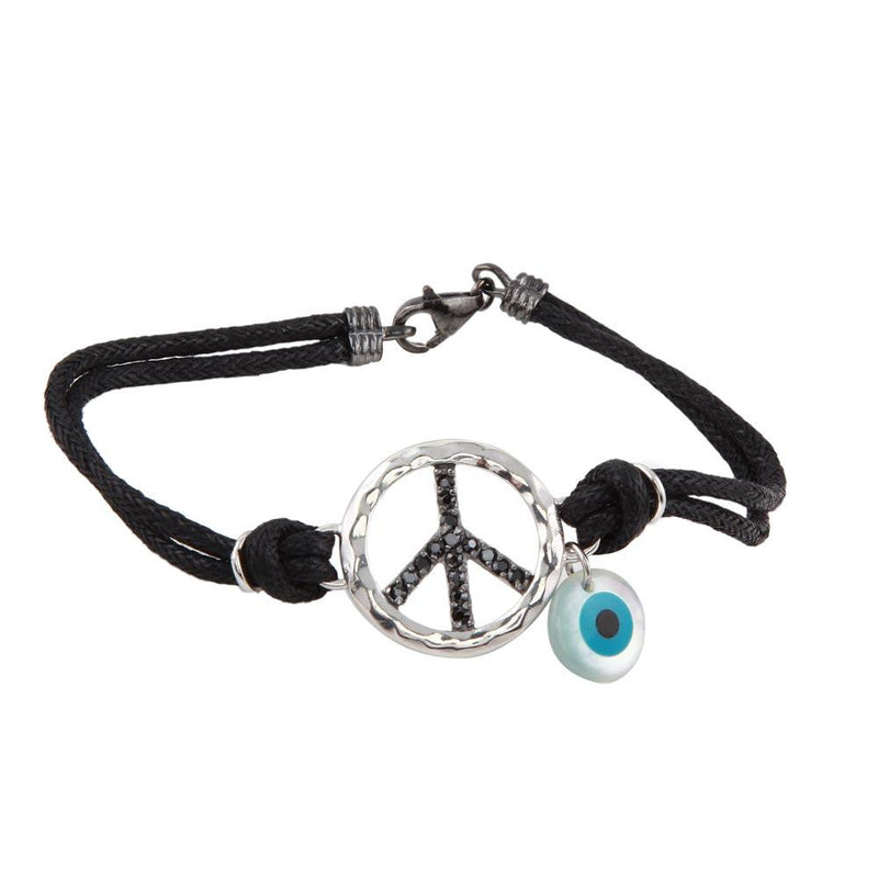 Silver 925 Rhodium Plated Black CZ Peace Sign and Evil Eye Black Cord Bracelet - STB00409 | Silver Palace Inc.