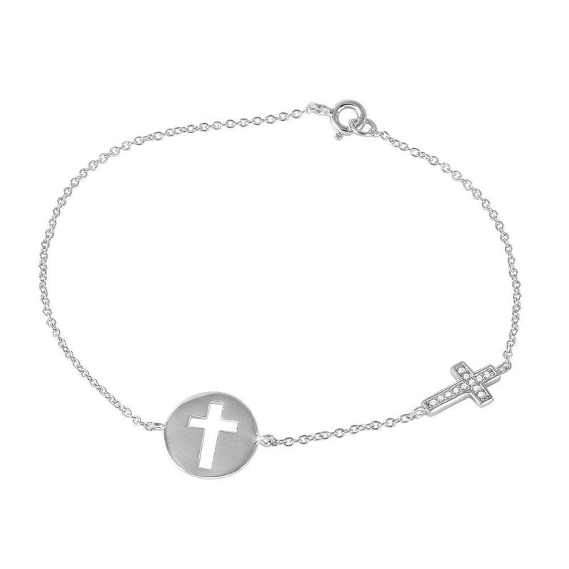 Silver 925 Rhodium Plated Cross and Disc Charm Bracelet - STB00498 | Silver Palace Inc.