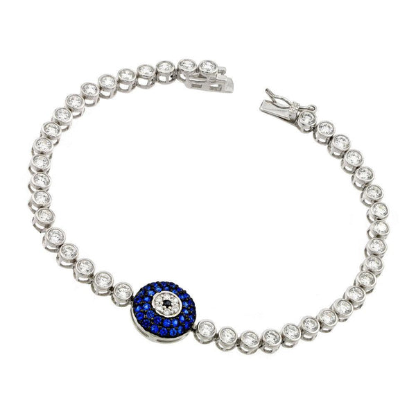 Silver 925 Rhodium Plated Evil Eye Clear and Blue CZ Tennis Bracelet - STB00507 | Silver Palace Inc.