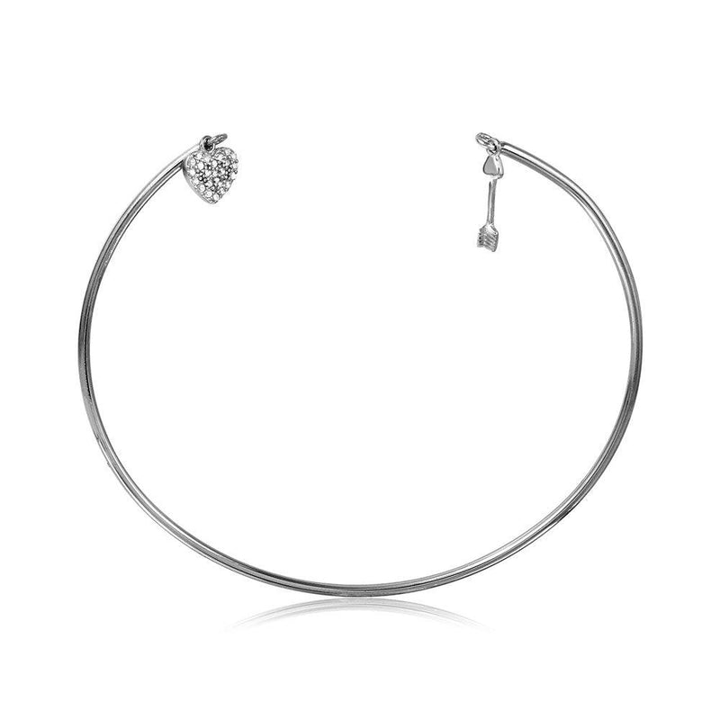 Silver 925 Rhodium Plated Open Bangle with Hanging CZ Heart and Arrow - STB00524 | Silver Palace Inc.