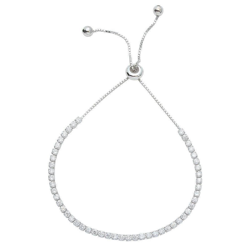 925 Sterling Silver hot Rhodium Plated Adjustable Lariat Bracelet with CZ, Blue Sapphire Center Stone Nickel Free Metal