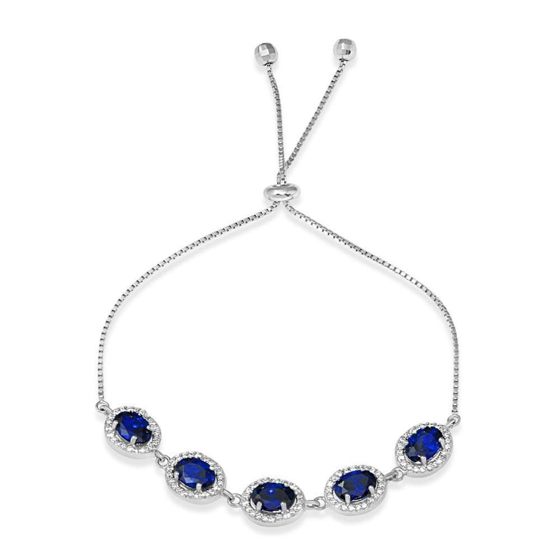 Silver 925 Rhodium Plated 5 Micro Pave Blue Oval and Clear Round CZ Lariat Bracelet - STB00548BLU | Silver Palace Inc.