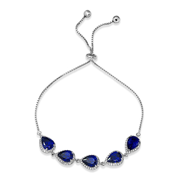 Silver 925 Rhodium Plated 5 Micro Pave Blue Pear and Clear Round CZ Lariat Bracelet - STB00549BLU | Silver Palace Inc.