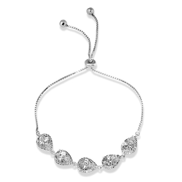 Silver 925 Rhodium Plated 5 Micro Pave Clear Pear and Clear Round CZ Lariat Bracelet - STB00549CZ | Silver Palace Inc.