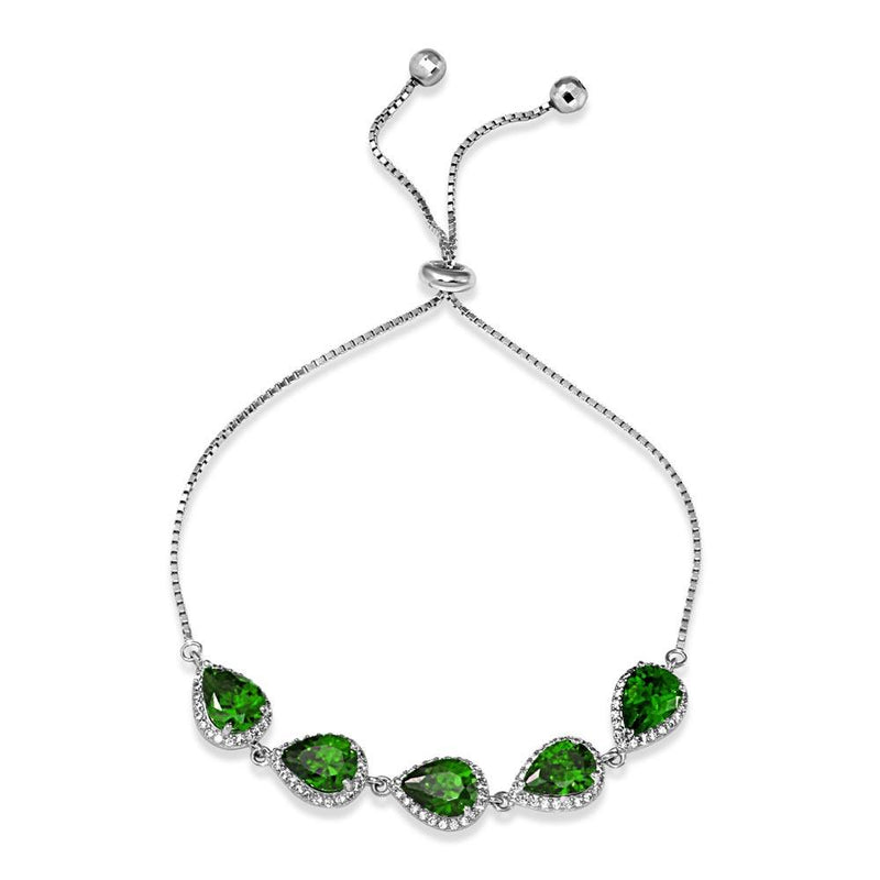 Silver 925 Rhodium Plated 5 Micro Pave Green Pear and Clear Round CZ Lariat Bracelet - STB00549GRN | Silver Palace Inc.