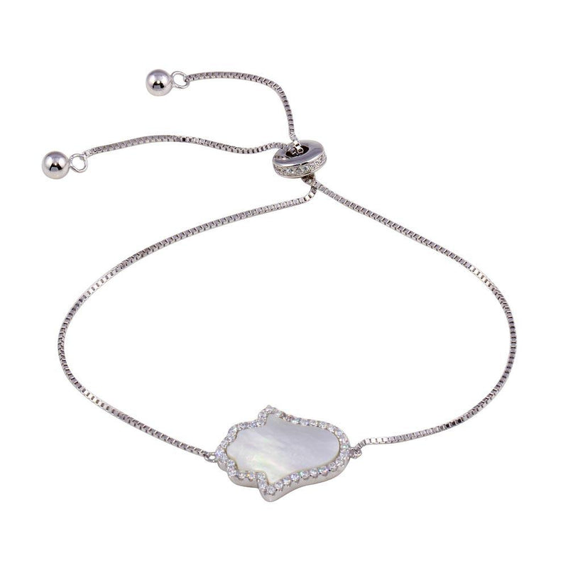 Rhodium Plated 925 Sterling Silver Lariat Side Way Mother of Pearl Hamsa CZ Bracelet - STB00574 | Silver Palace Inc.