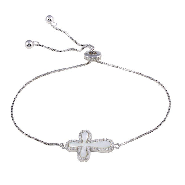 Rhodium Plated 925 Sterling Silver Lariat Side Way Mother of Pearl Cross CZ Bracelet - STB00575 | Silver Palace Inc.