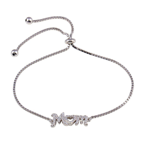 Rhodium Plated 925 Sterling Silver Lariat Mom CZ Bracelet - STB00577 | Silver Palace Inc.