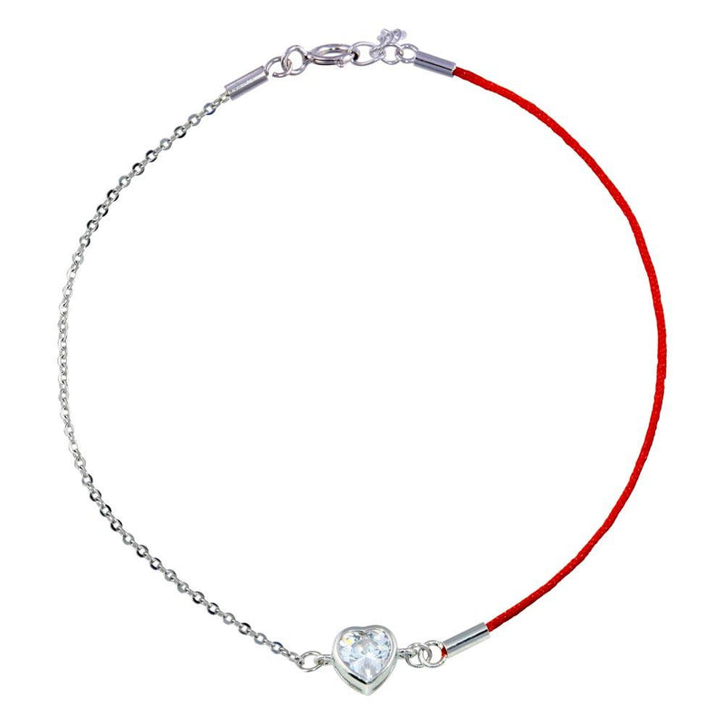 Silver 925 Rhodium Plated Single Heart CZ Red Cord Bracelet - STB00593 | Silver Palace Inc.