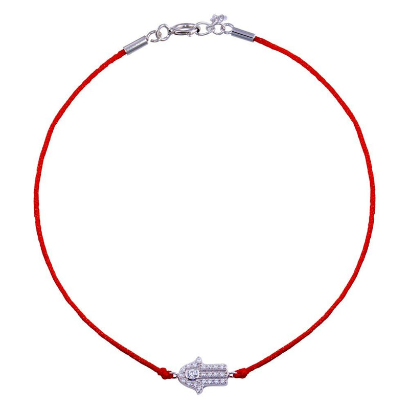 Rhodium Plated 925 Sterling Silver Hamsa Hand CZ Red Cord Bracelet - STB00595 | Silver Palace Inc.