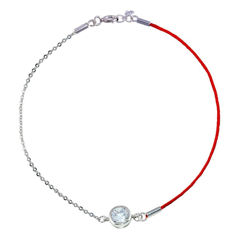 Rhodium Plated 925 Sterling Silver Round CZ Red Cord Bracelet - STB00596 | Silver Palace Inc.