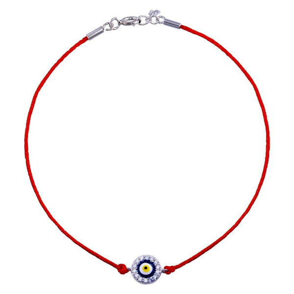 Rhodium Plated 925 Sterling Silver Round Evil Eye CZ Red Cord Bracelet - STB00598 | Silver Palace Inc.