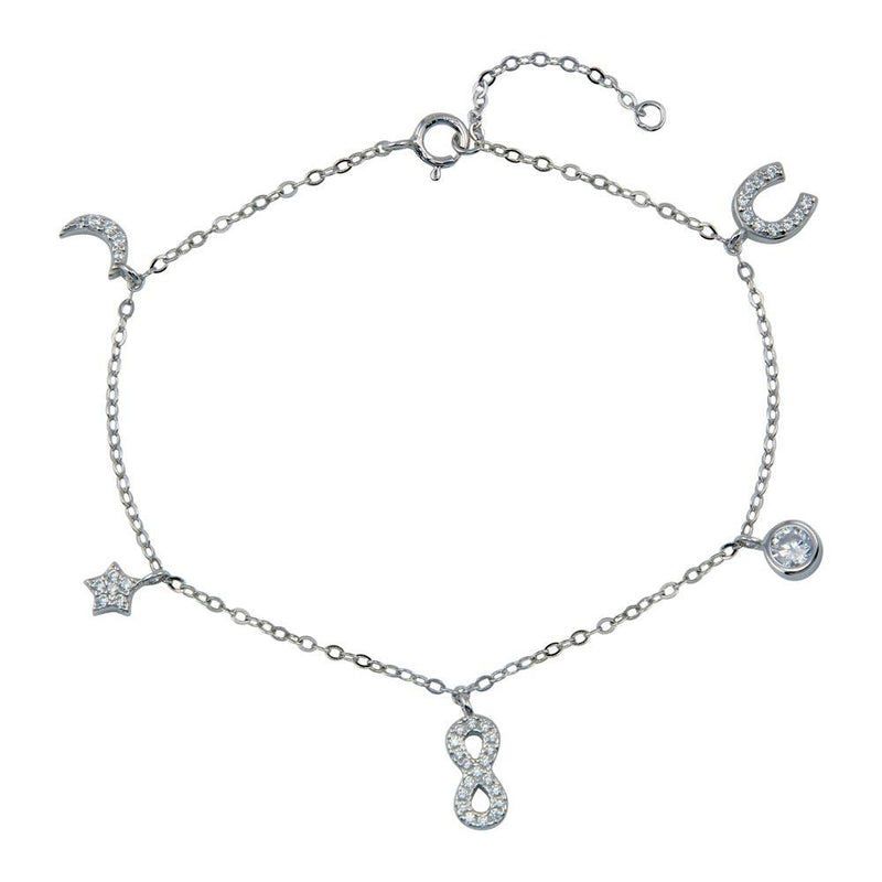 Rhodium Plated 925 Sterling Silver CZ Horse Shoe Infinity Star Moon Charm Bracelet - STB00604 | Silver Palace Inc.