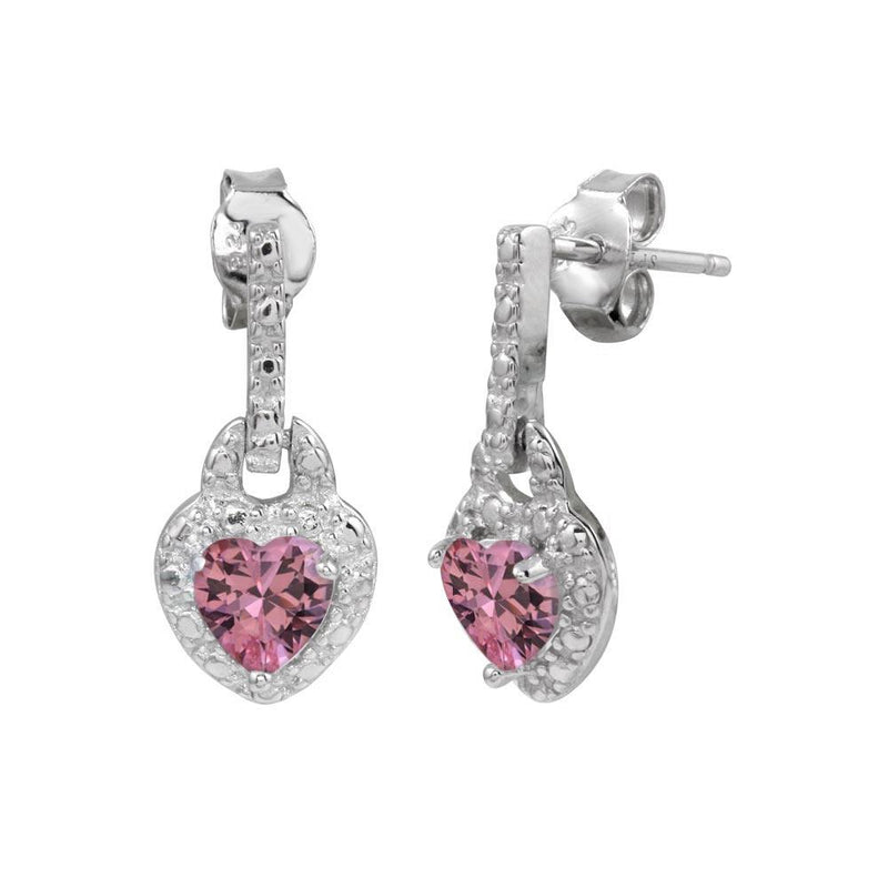Silver 925 Rhodium Plated Heart Shaped Pink CZ Dangling Earrings - STE00104PNK | Silver Palace Inc.