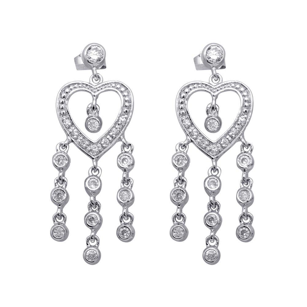 Closeout-Silver 925 Rhodium Plated Heart CZ Three Strand Dangling Earrings - STE00169 | Silver Palace Inc.