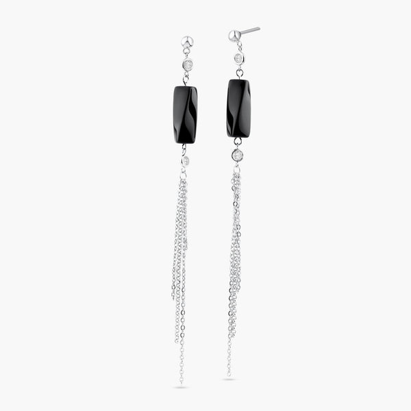 Closeout-Silver 925 Rhodium Plated Round Black Wavy Rectangle CZ Multi Strand Dangling Stud Earrings - STE00283 | Silver Palace Inc.