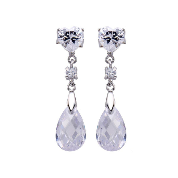 Silver 925 Rhodium Plated Heart and Teardrop CZ Dangling Stud Earrings - STE00442 | Silver Palace Inc.