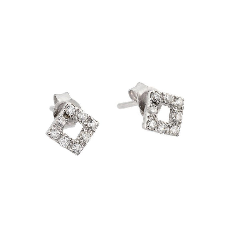 Silver 925 Rhodium Plated Open Square Stud Earrings with CZ - STE00492 | Silver Palace Inc.