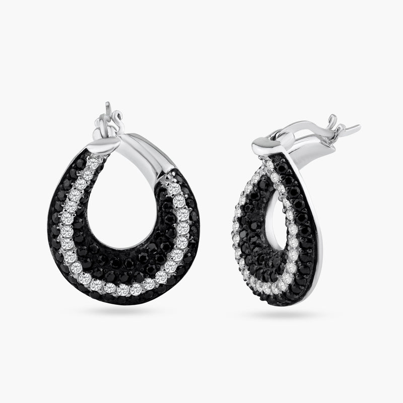 Closeout-Silver 925 Black and Silver Rhodium Plated Teardrop CZ Hoop Earrings - STE00556 | Silver Palace Inc.